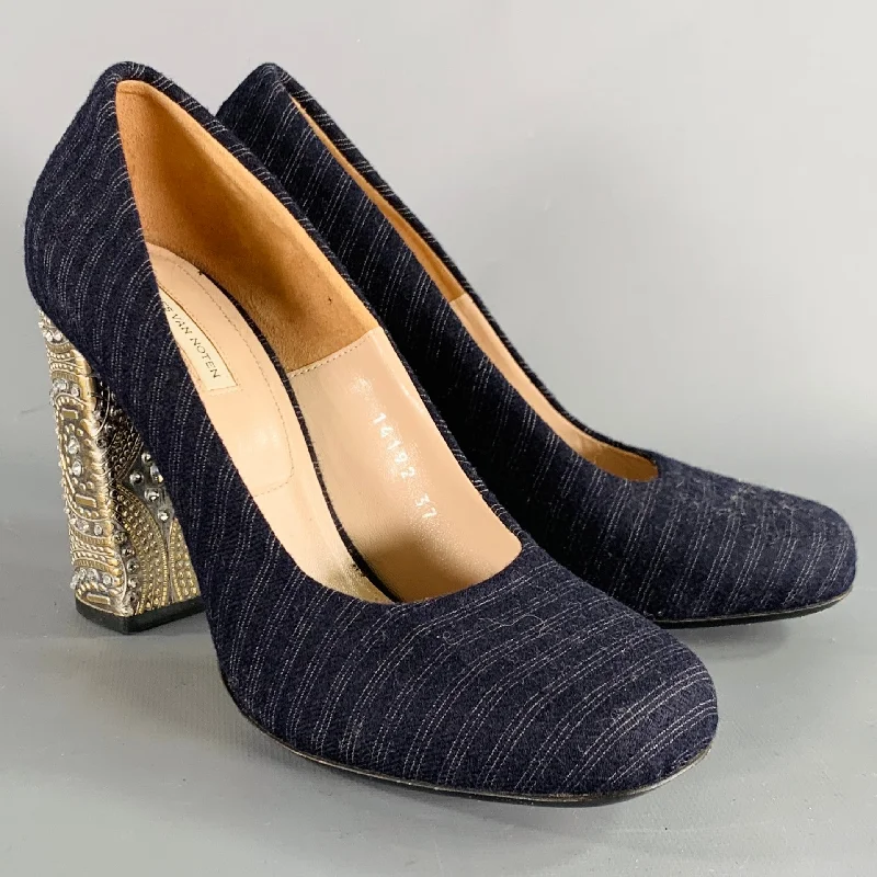 Affordable Rhinestone Pumps for a Dazzling Look---DRIES VAN NOTEN Size 7 Navy Silver Stripe Rhinestone Chunky Heel Pumps