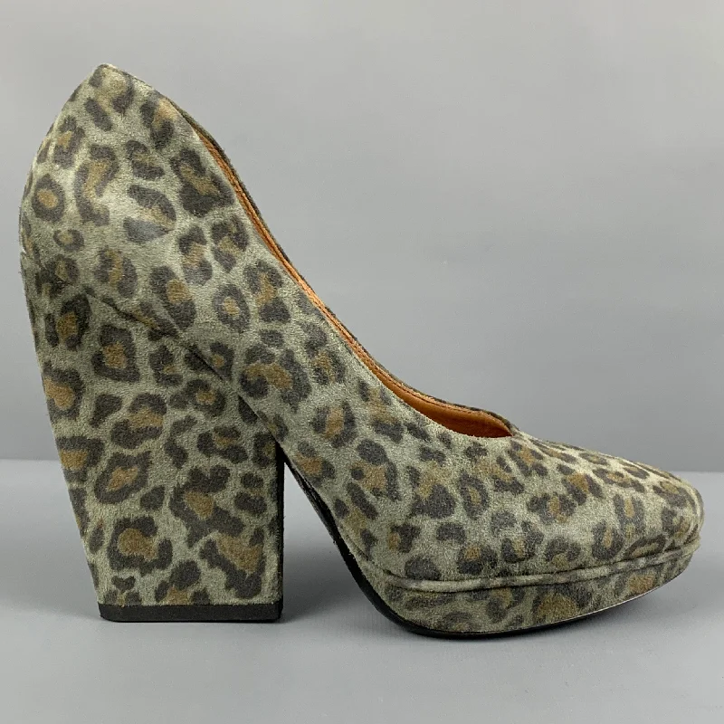 Affordable Suede Ankle Pumps for All-Day Wear--DRIES VAN NOTEN Size 8.5 Moss Brown Suede Animal Print Platform Pumps