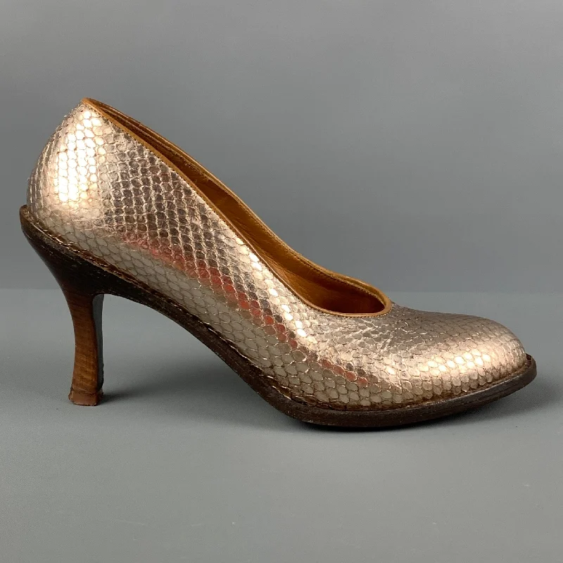 Versatile Heeled Sandals for Any Occasion---DRIES VAN NOTEN Size 8 Gold Snake Skin Round Toe Pumps