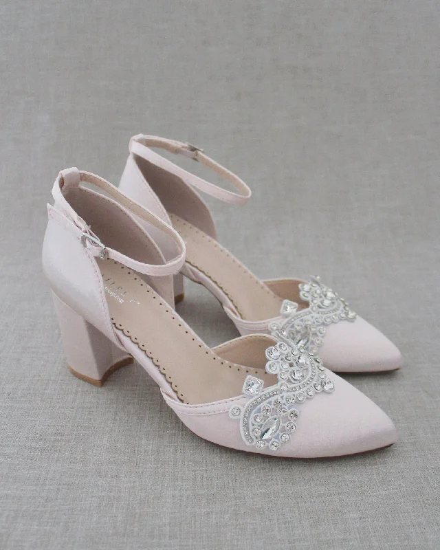 Trendy Chunky Heel Pumps for Casual Wear--Evening Block Heel with Rhinestones Detail