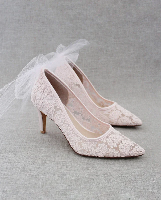 Lace Evening Shoes with Tulle Back Bow---Elegant Evening Heels for Weddings and Parties