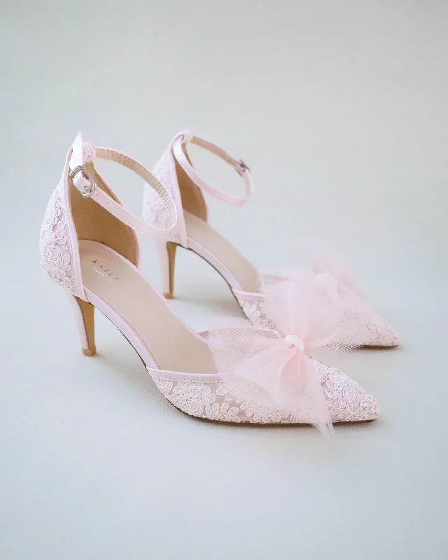 Lace Wedding Heels with Front Tulle Bow---Charming Bow Pumps for a Cute and Stylish Look