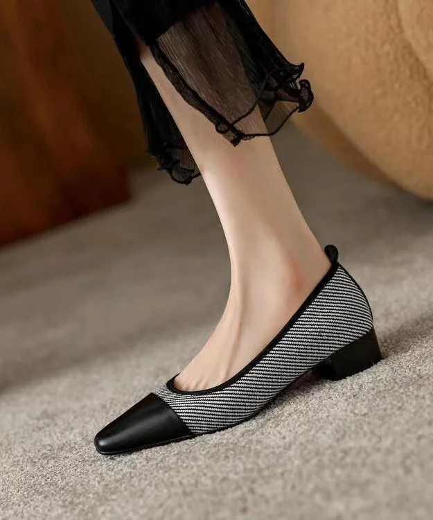 Elegant Black Chunky Heel Cowhide Leather Soft Splicing---Comfortable Leather Pumps for Office and Everyday Wear