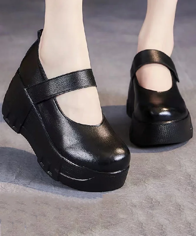 Elegant Black Cowhide Leather Buckle Strap High Wedge Heels Shoes---Comfortable Leather Pumps for Office and Everyday Wear