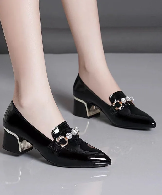 Stiletto Heel Pumps with Perfect Fit--Elegant Black Faux Leather Zircon Pointed Toe Chunky Heel-Fashionable & Classic