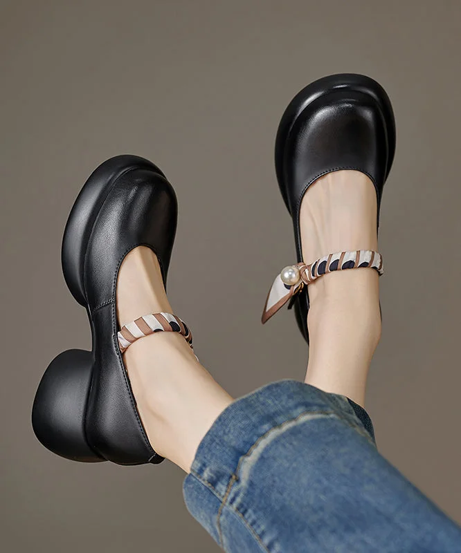 Elegant Black Pearl Splicing Buckle Strap Genuine Leather High Heels---Comfortable Leather Pumps for Office and Everyday Wear