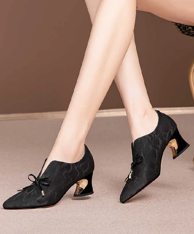 Stiletto Heel Pumps with Perfect Fit--Elegant Bow Splicing Pointed Toe Chunky Black Cowhide Leather-Fashionable & Classic