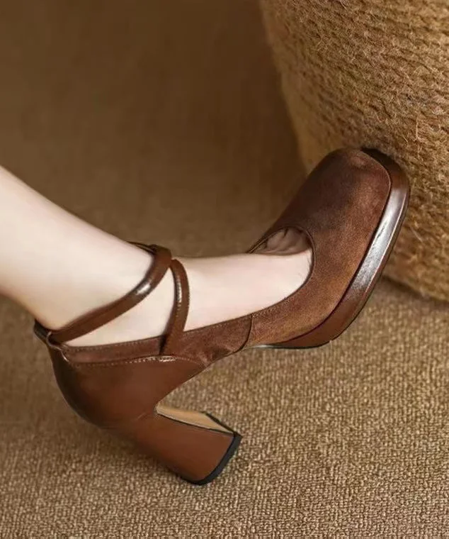 Affordable Suede Ankle Pumps for All-Day Wear--Elegant Brown High Heels Suede Cross Strap Splicing