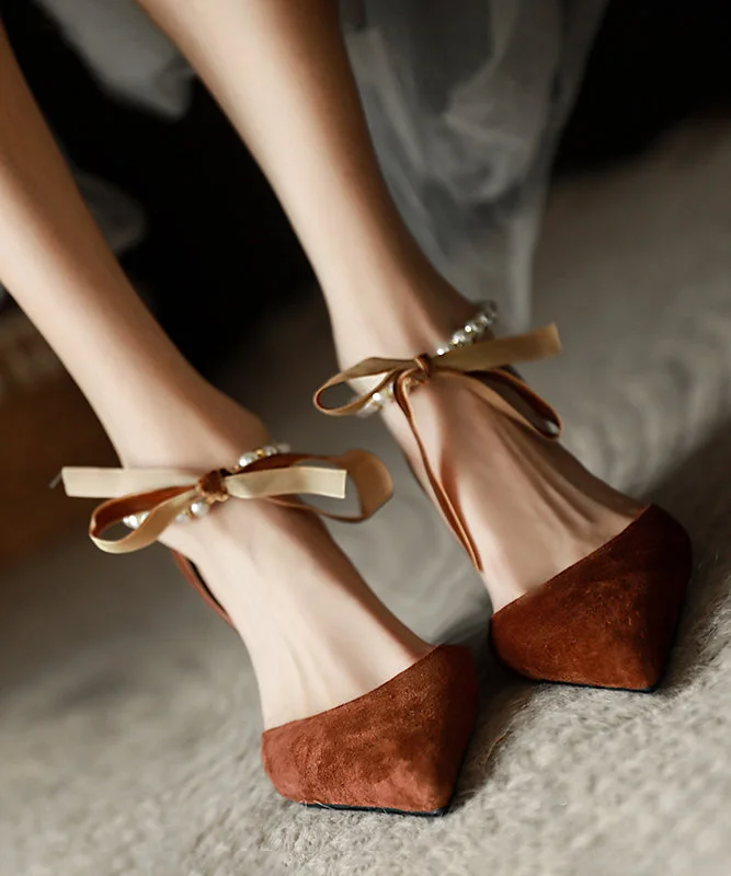 Affordable Suede Ankle Pumps for All-Day Wear--Elegant Coffee Suede High Heels Splicing Beading Bow