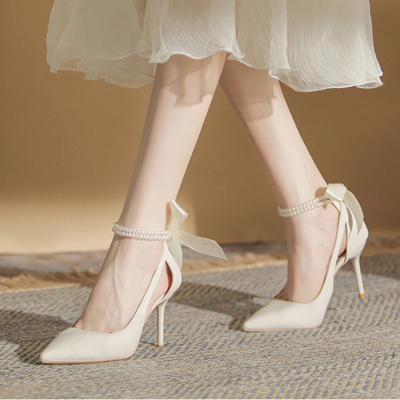 Stylish Ankle Strap Heels for Women--Elegant Ladies White Pearls Ankle Strap Pumps for Wedding Women Silk Back