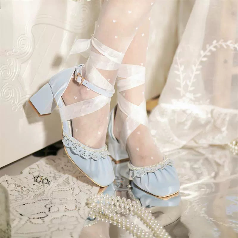 Stiletto Heel Pumps with Perfect Fit--MR.Qiutian~Dance of Camellia~Elegant Lolita Chunky Shoes 5CM Heel Pearl Decoration-Fashionable & Classic