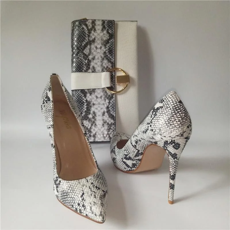 Elegant Snake Printed Leather Pumps With Matching Clutch Bags Sets---Comfortable Leather Pumps for Office and Everyday Wear