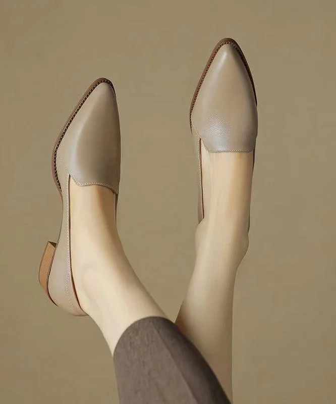 Stiletto Heel Pumps with Perfect Fit--Elegant Splicing Chunky Shoes Khaki Sheepskin Pointed Toe-Fashionable & Classic