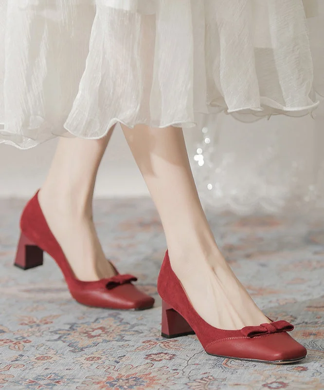 Affordable Suede Ankle Pumps for All-Day Wear--Elegant Wine Red Suede Bow Splicing Chunky Heel