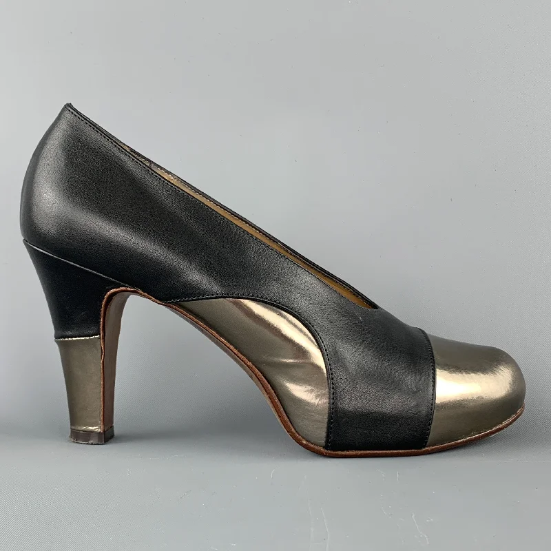 ELLEN VERBEEK Size 8.5 Black & Silver Leather Leather Pumps---Comfortable Leather Pumps for Office and Everyday Wear