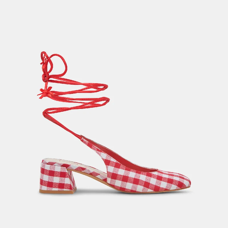 Stiletto Heel Pumps with Perfect Fit--ELODIE HEELS WHITE RED GINGHAM-Fashionable & Classic