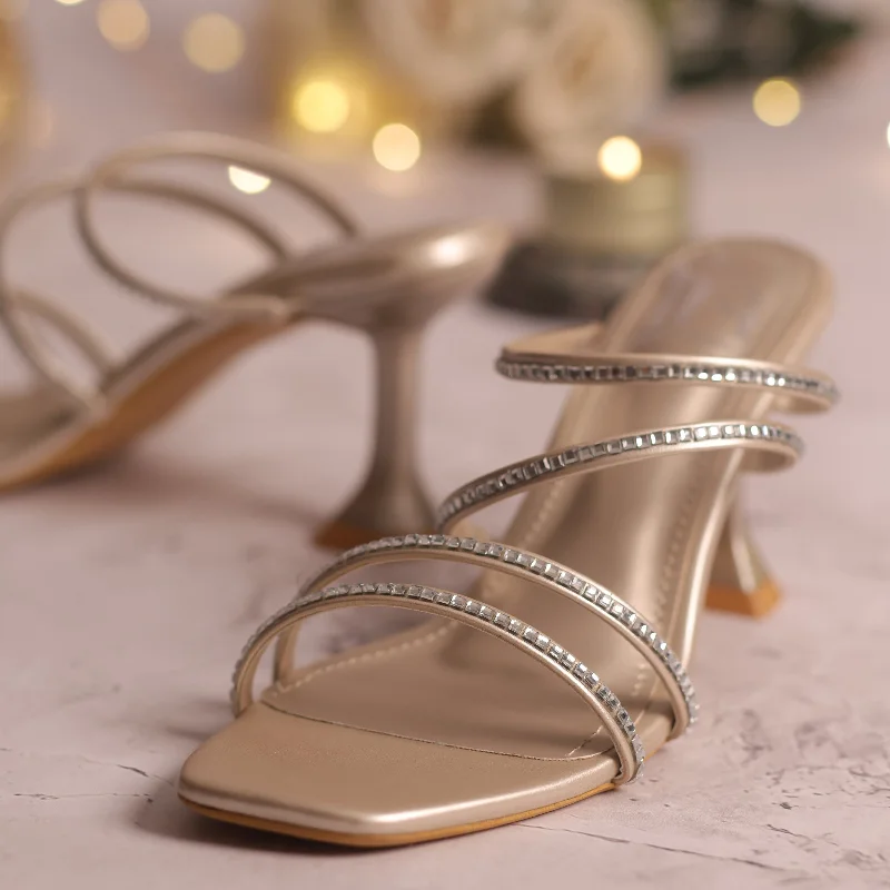 Embellished Strappy Heels - Gold---Affordable Strappy Platform Heels with Premium Quality