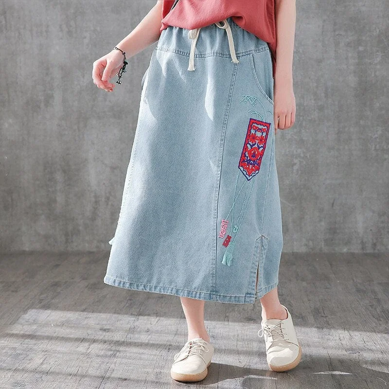 Women's oversized denim skirts for casual and comfortable style -Embroidered Vintage Denim Skirt Women's oversized denim skirts for casual and comfortable style -Embroidered Vintage Denim Skirt