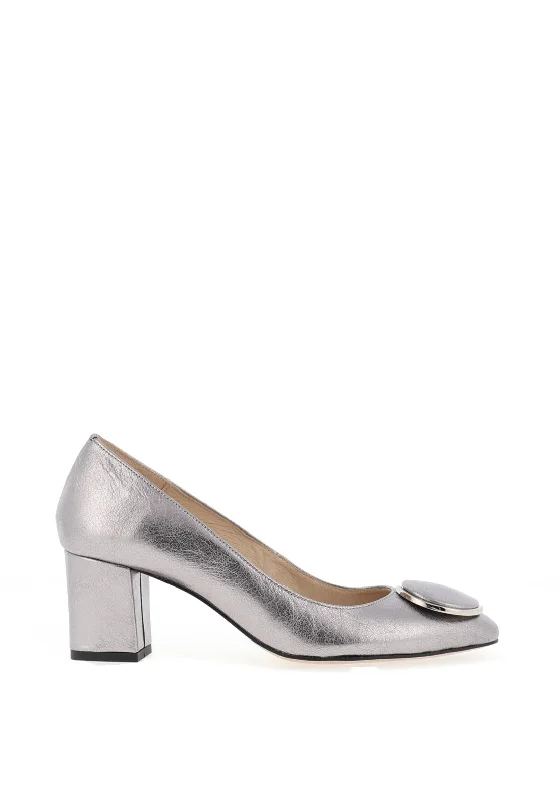 Trendy Chunky Heel Pumps for Casual Wear--Emis Leather Metallic Block Heel Shoes, Silver