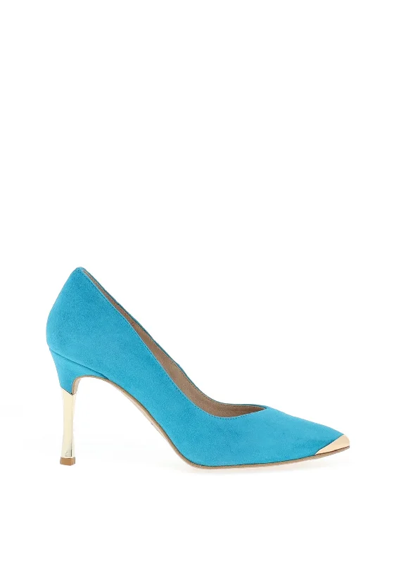 Affordable Suede Ankle Pumps for All-Day Wear--Emis Suede Gold Trim Court Shoes, Turquoise