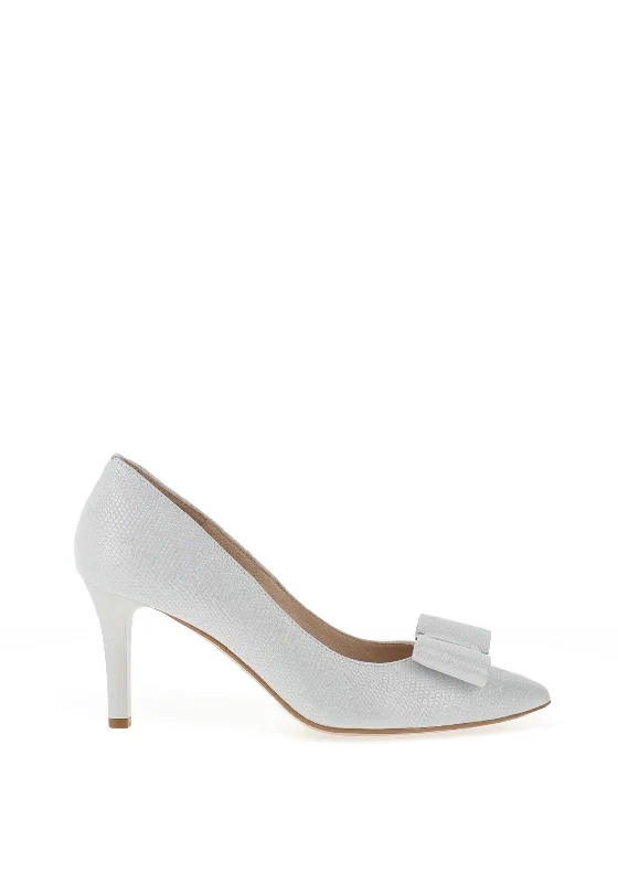 Emis Shimmer Embossed Bow Toe Heels, Silver---Charming Bow Pumps for a Cute and Stylish Look