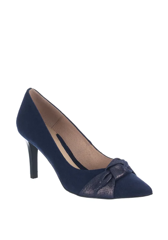 Affordable Suede Ankle Pumps for All-Day Wear--Emis Suede Knot Court Shoes, Navy