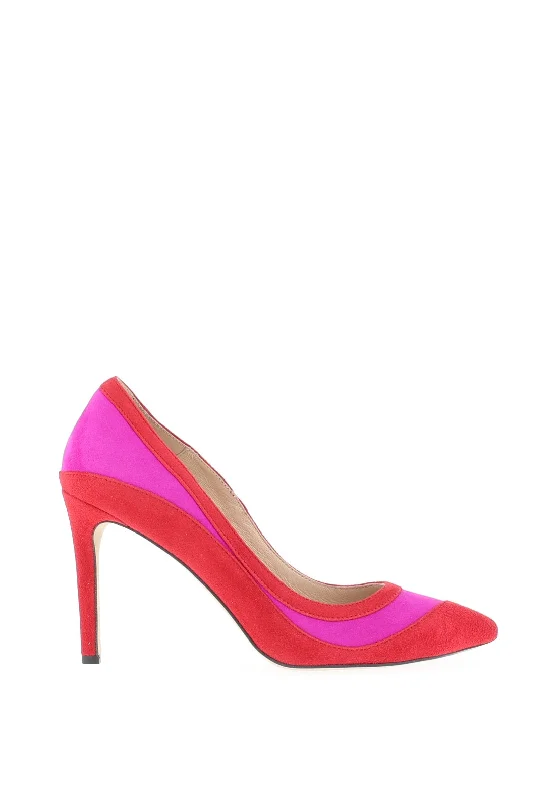 Affordable Suede Ankle Pumps for All-Day Wear--Emis Colour Block Panel Suede Court Shoes, Red & Fuchsia