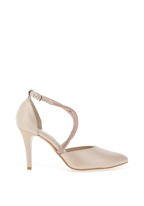 Emis Leather Criss Cross Diamante Heeled Shoes, Beige---Comfortable Leather Pumps for Office and Everyday Wear