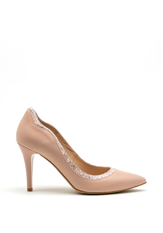 Emis Leather Contrast Trim Court Shoes, Pink---Comfortable Leather Pumps for Office and Everyday Wear