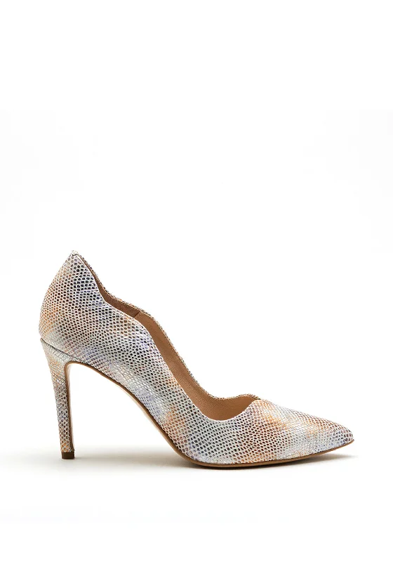 Emis Leather Metallic Reptile Print Scallop Edge High Heel, White Multi---Comfortable Leather Pumps for Office and Everyday Wear