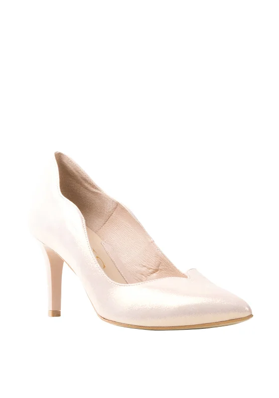 Emis Leather Shimmer Scallop Edge Court Shoes, Rose Gold---Comfortable Leather Pumps for Office and Everyday Wear