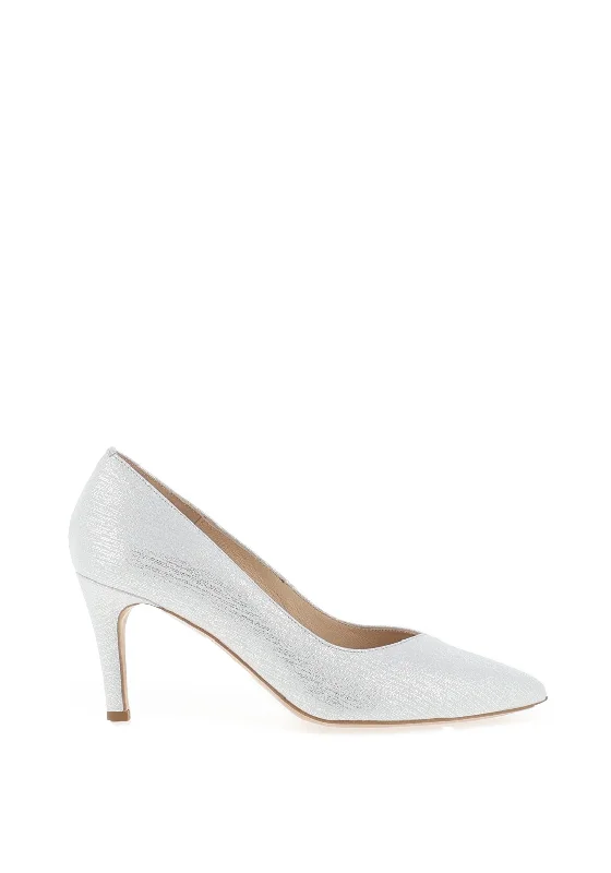 Versatile Heeled Sandals for Any Occasion---Emis Shimmer Streak Heel Court Shoes, White Silver