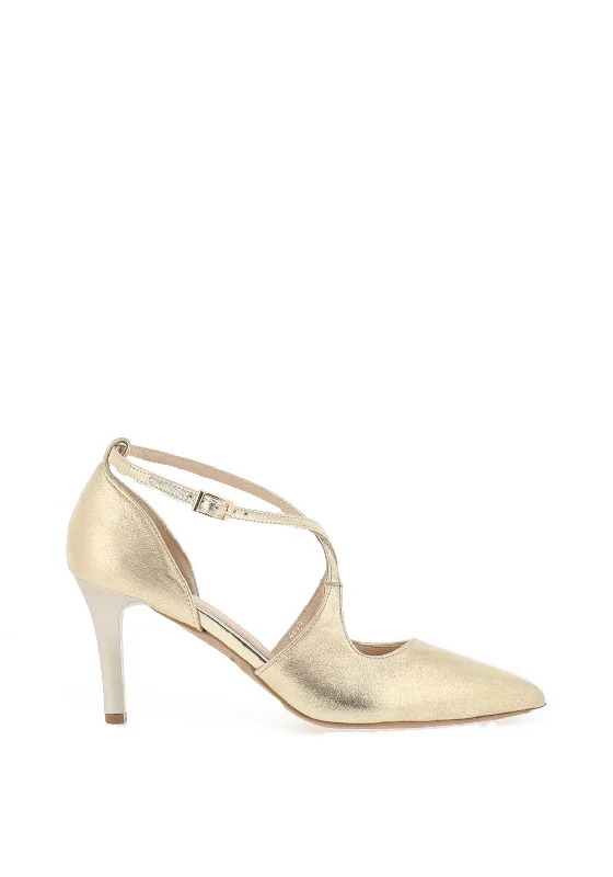 Versatile Heeled Sandals for Any Occasion---Emis Cross Over Shimmer Court Shoes, Gold