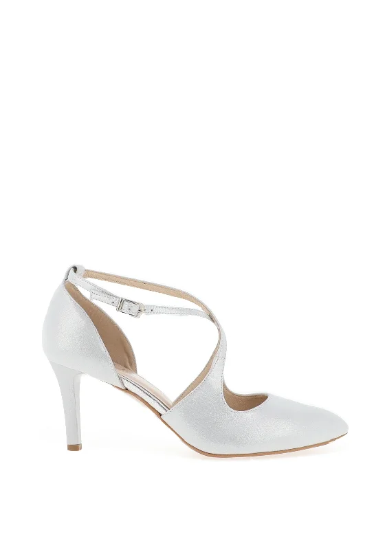 Versatile Heeled Sandals for Any Occasion---Emis Cross Over Shimmer Court Shoes, White Silver