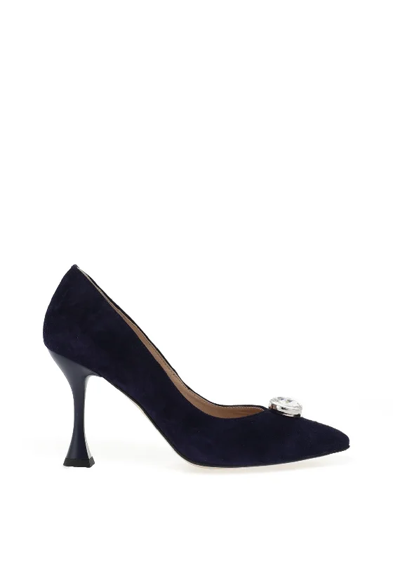 Stiletto Heel Pumps with Perfect Fit--Emis Leather Pointed Toe Court Heels, Navy-Fashionable & Classic