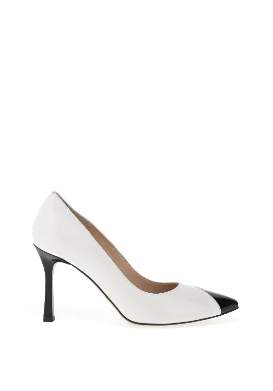 Sleek and Shiny Patent Pump Heels for a Polished Look--Emis Patent Leather Colour Block High Heels, White & Black