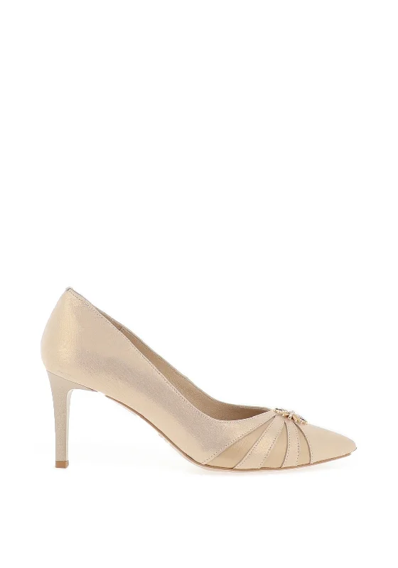 Versatile Heeled Sandals for Any Occasion---Emis Brooch Shimmer Pointed Court Shoes, Gold