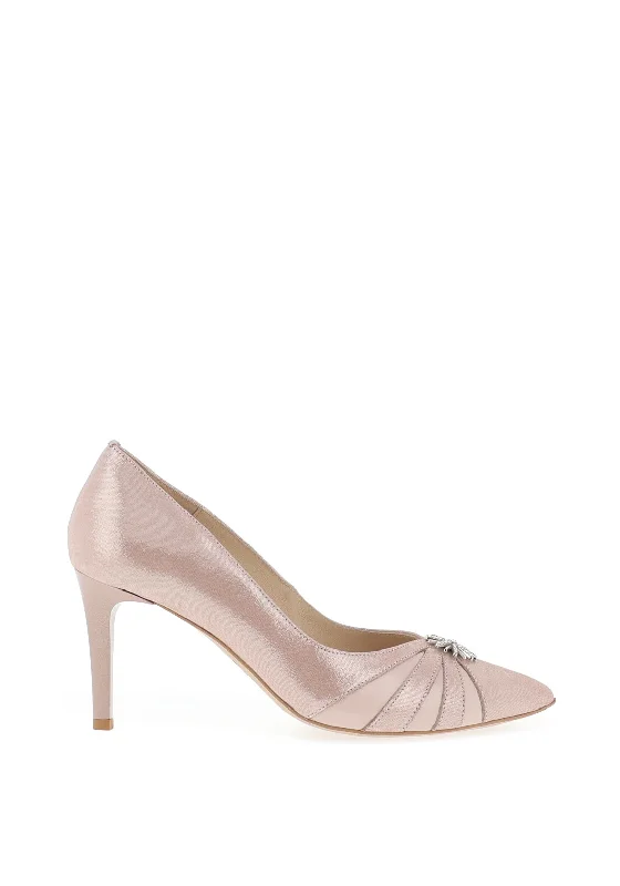 Versatile Heeled Sandals for Any Occasion---Emis Brooch Shimmer Pointed Court Shoes, Blush