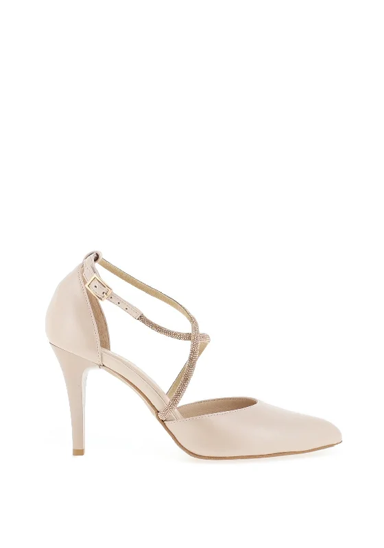 Emis Leather Criss Cross Diamante Heeled Shoes, Beige and Gold---Comfortable Leather Pumps for Office and Everyday Wear