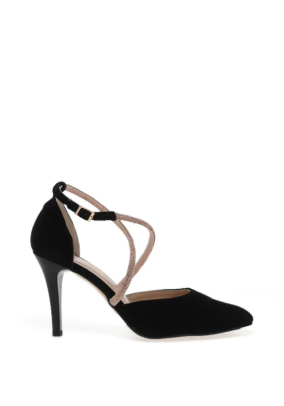 Affordable Suede Ankle Pumps for All-Day Wear--Emis Suede Leather Criss Cross Diamante Heeled Shoes, Black & Gold