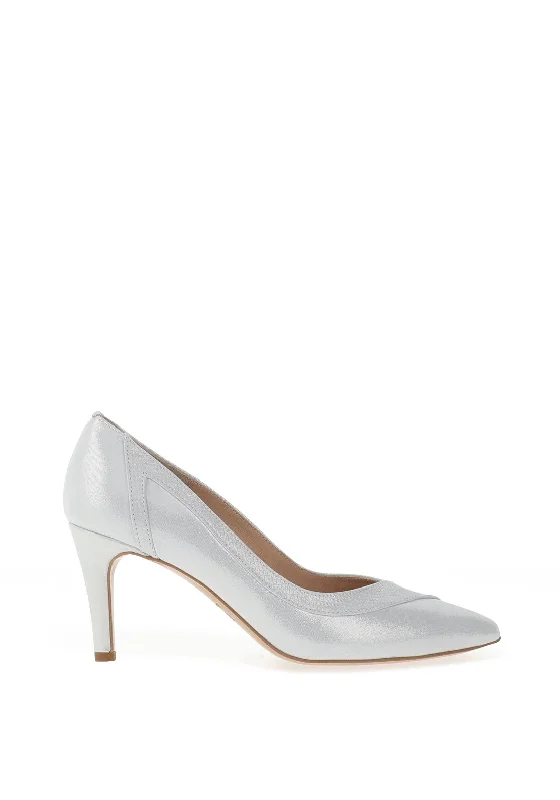 Emis Shimmer Leather Textured Trim High Heels, White Silver---Comfortable Leather Pumps for Office and Everyday Wear