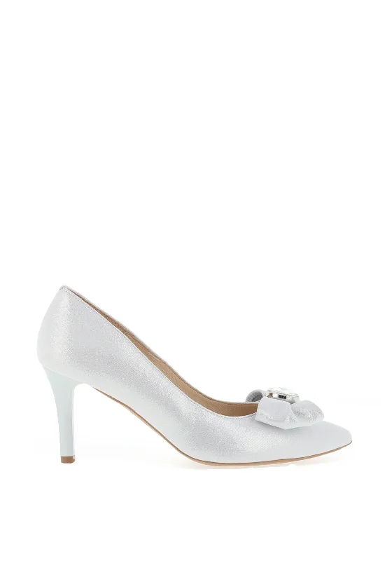 Emis Soft Leather Diamante Bow Heeled Shoes, White Silver---Charming Bow Pumps for a Cute and Stylish Look