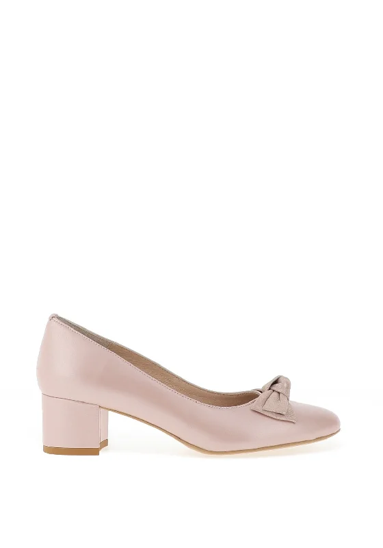 Trendy Chunky Heel Pumps for Casual Wear--Emis Shimmer Leather Block Heel Shoes, Pearl Pink