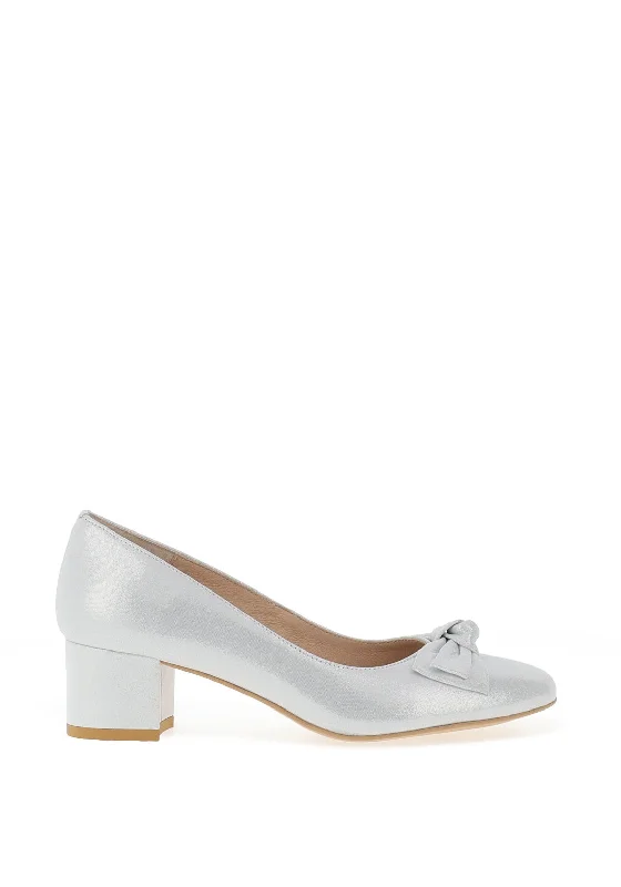 Trendy Chunky Heel Pumps for Casual Wear--Emis Leather Shimmer Bow Block Heel Shoes, White Silver