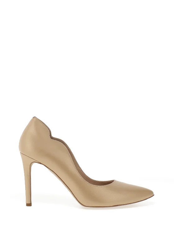 Emis Leather Scallop Trim Pointed Court Shoes, Beige---Comfortable Leather Pumps for Office and Everyday Wear