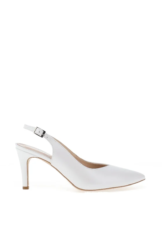 Emis Smooth Shimmering Leather Sling Back Shoes, White---Comfortable Leather Pumps for Office and Everyday Wear