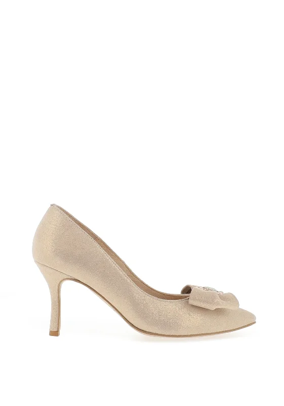 Affordable Suede Ankle Pumps for All-Day Wear--Emis Suede Leather Diamante Bow Brooch Court Shoes, Gold