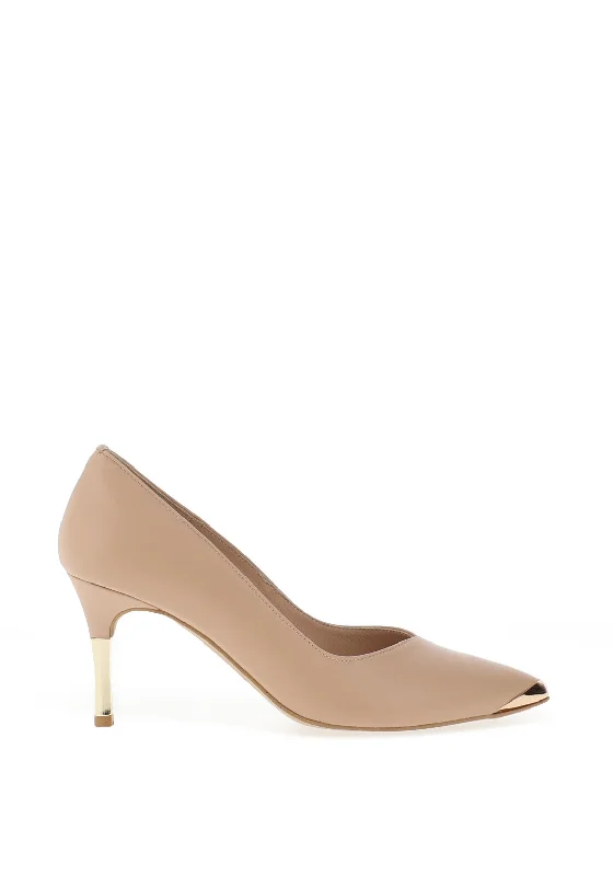 Emis Leather Gold Trim High Heeled Shoes, Beige---Comfortable Leather Pumps for Office and Everyday Wear