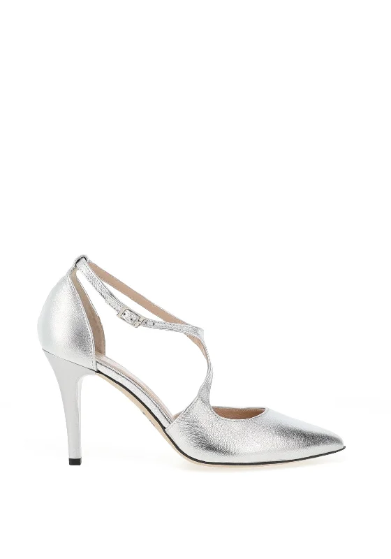 Emis Leather Wrap High Heeled Shoes, Silver---Comfortable Leather Pumps for Office and Everyday Wear