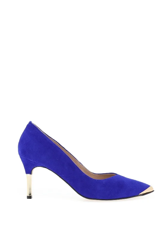 Emis Leather Gold Trim High Heeled Shoes, Cobalt---Comfortable Leather Pumps for Office and Everyday Wear